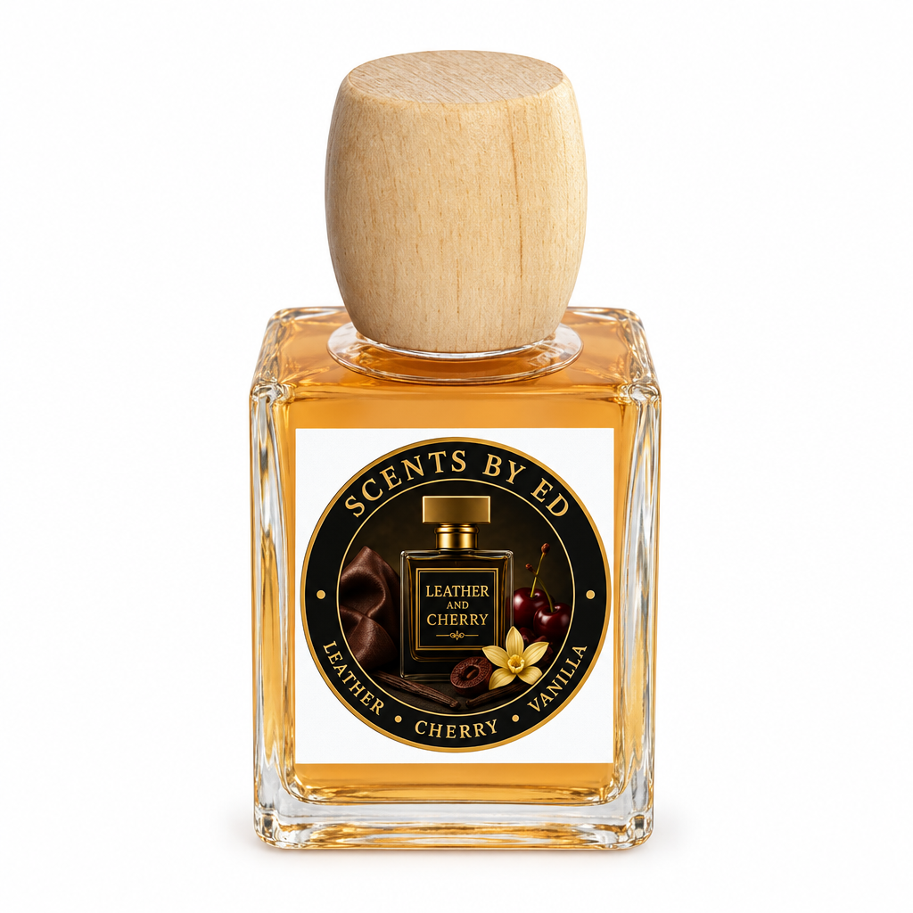 Scents by Ed Leather and Cherry cologne bottle with a wooden cap on a white background